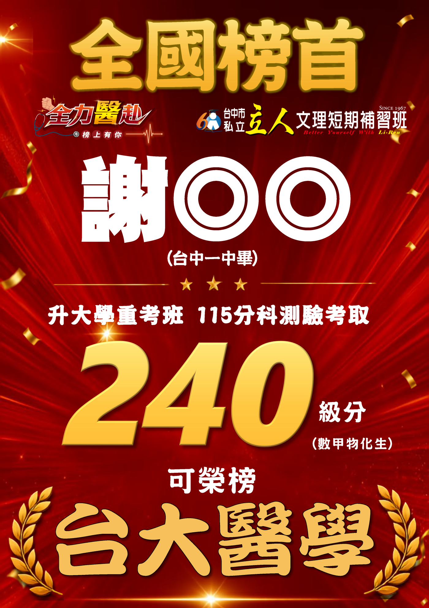 全國榜首!謝◎◎ 台中一中畢 115分科考取滿級240級分 可榮榜 國立臺灣大學 醫學系