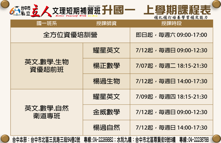 【115升國一】英數自(生)超前班/衛道專班